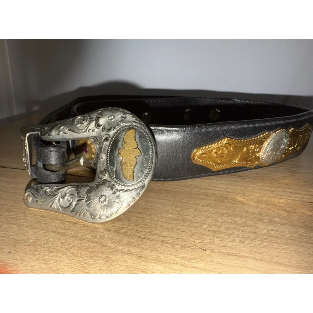 Western Cowgirl Black Leather‎ Belt Concho Heart German Silver Big Al's 38